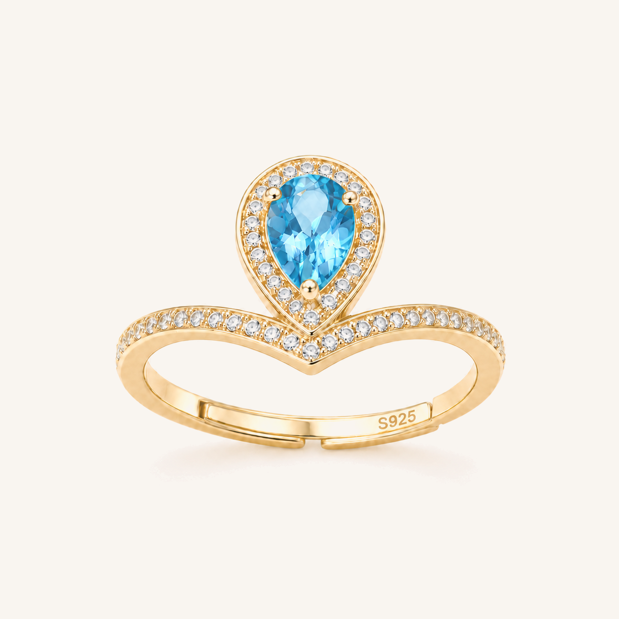 HEART OF LAND Natural Gemstone Pear-Cut Chevron Halo Ring in 18K Gold-Plated S925 Sterling Silver – Radiant Vow Blue Topaz