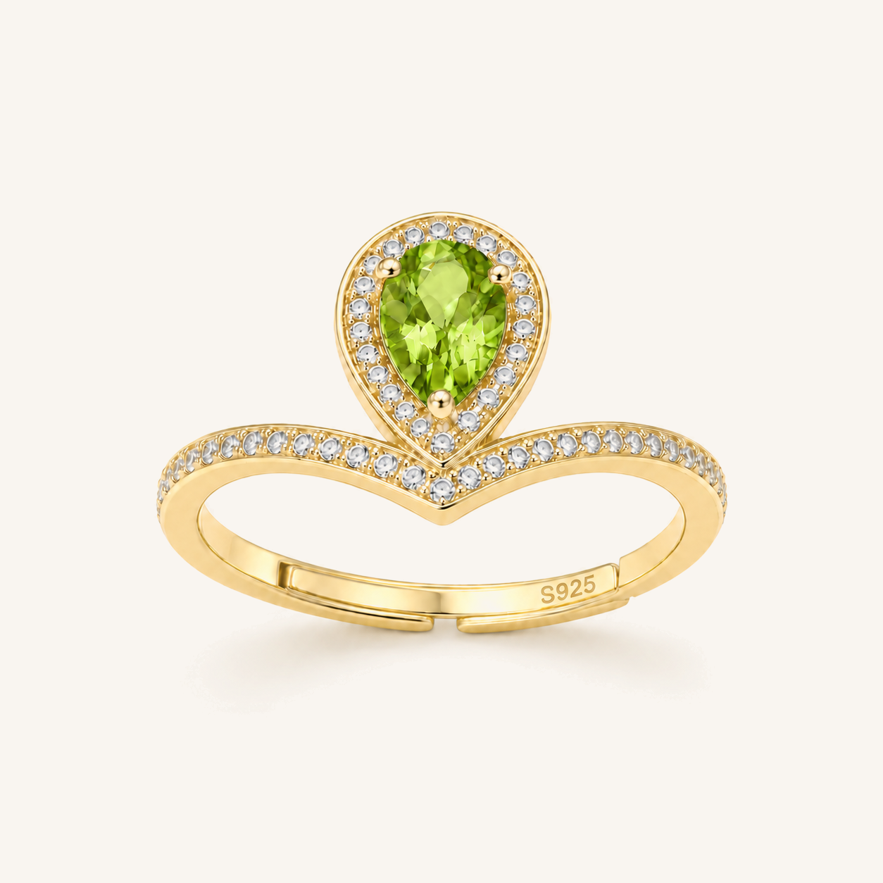 HEART OF LAND Natural Gemstone Pear-Cut Chevron Halo Ring in 18K Gold-Plated S925 Sterling Silver – Radiant Vow Peridot