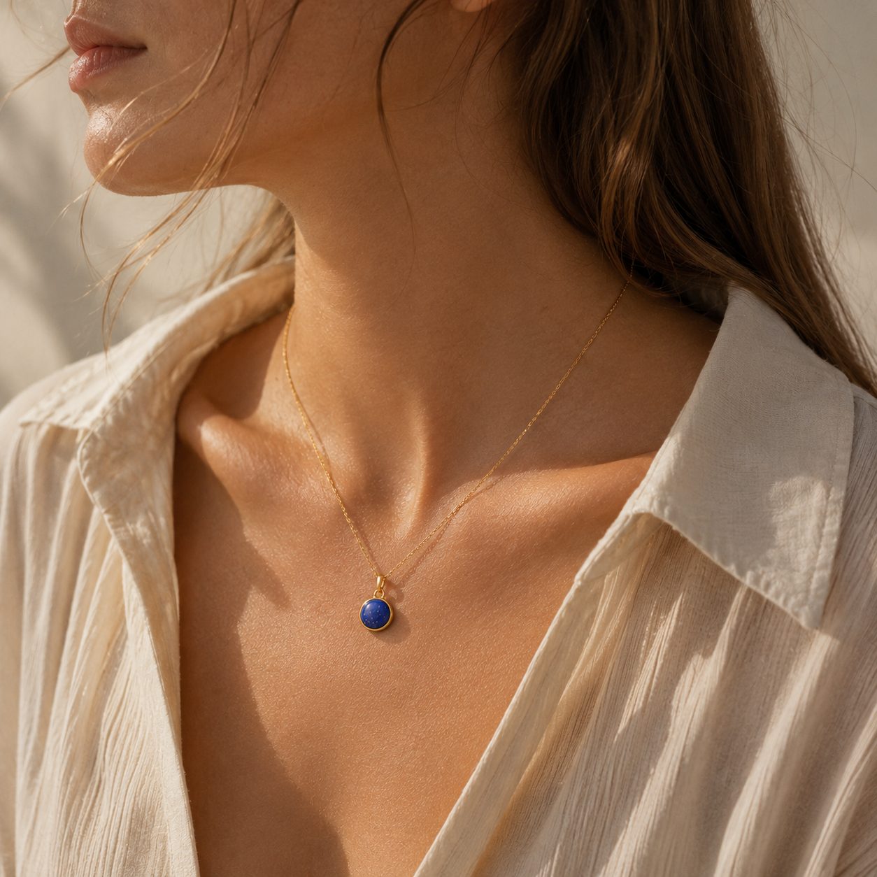 HEART OF LAND Natural Gemstone Round Bezel Necklace in 18K Gold-Plated S925 Sterling Silver – Quiet Center