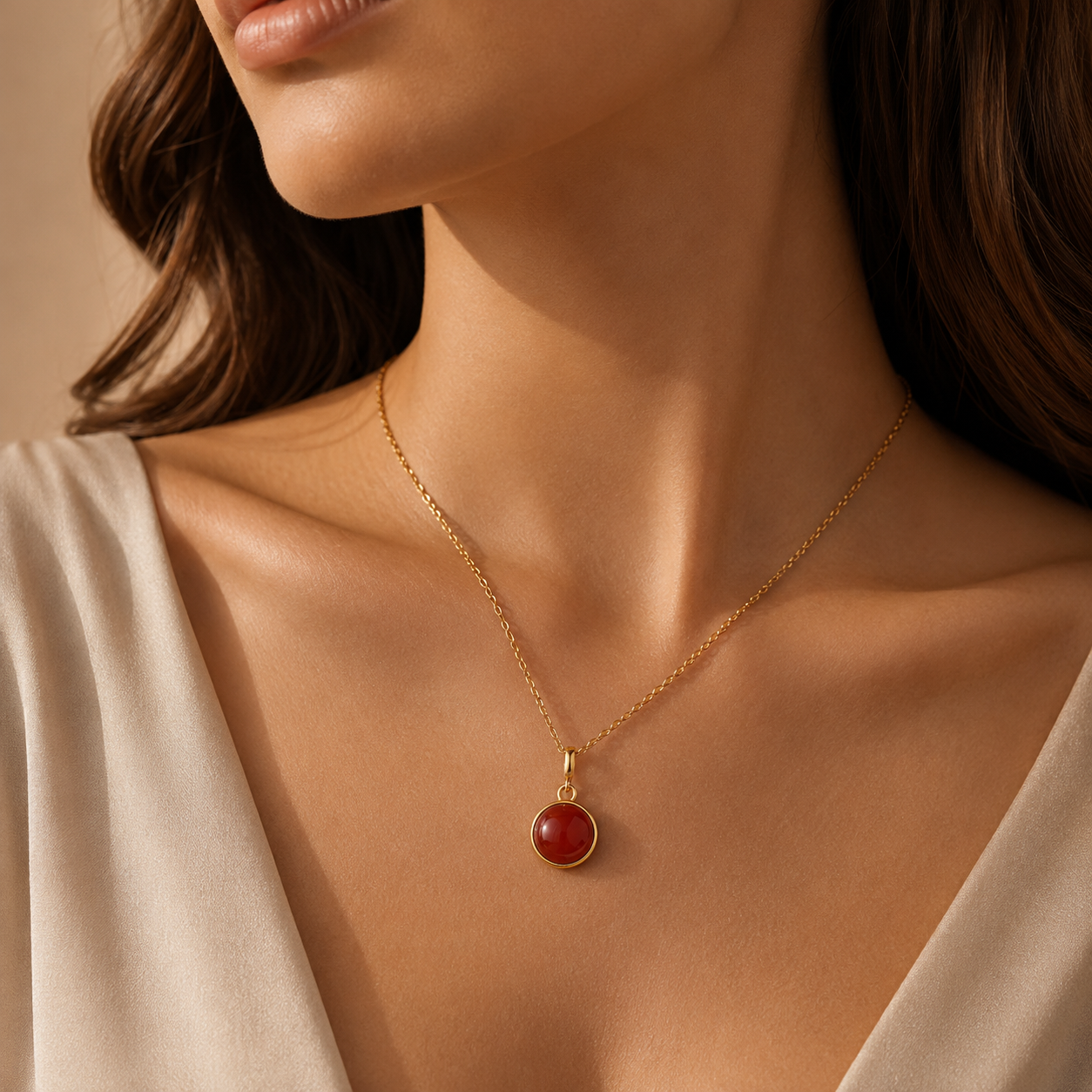 HEART OF LAND Natural Gemstone Round Bezel Necklace in 18K Gold-Plated S925 Sterling Silver – Quiet Center
