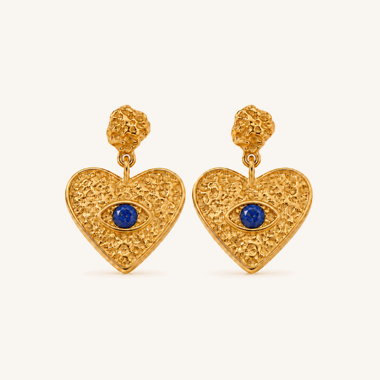 HEART OF LAND Natural Gemstone Heart Drop Earrings in 18K Gold-Plated S925 Silver – Heart Within Lapis Lazuli