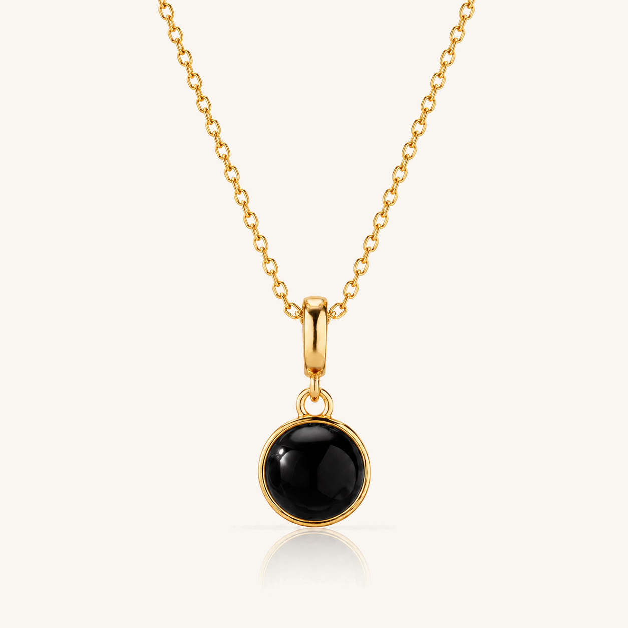 HEART OF LAND Natural Gemstone Round Bezel Necklace in 18K Gold-Plated S925 Sterling Silver – Quiet Center Black Agate