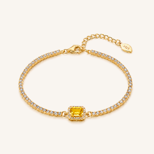 Natural Gemstone Emerald-Cut Tennis Bracelet in 18K Gold-Plated S925 Sterling Silver – Centered Light