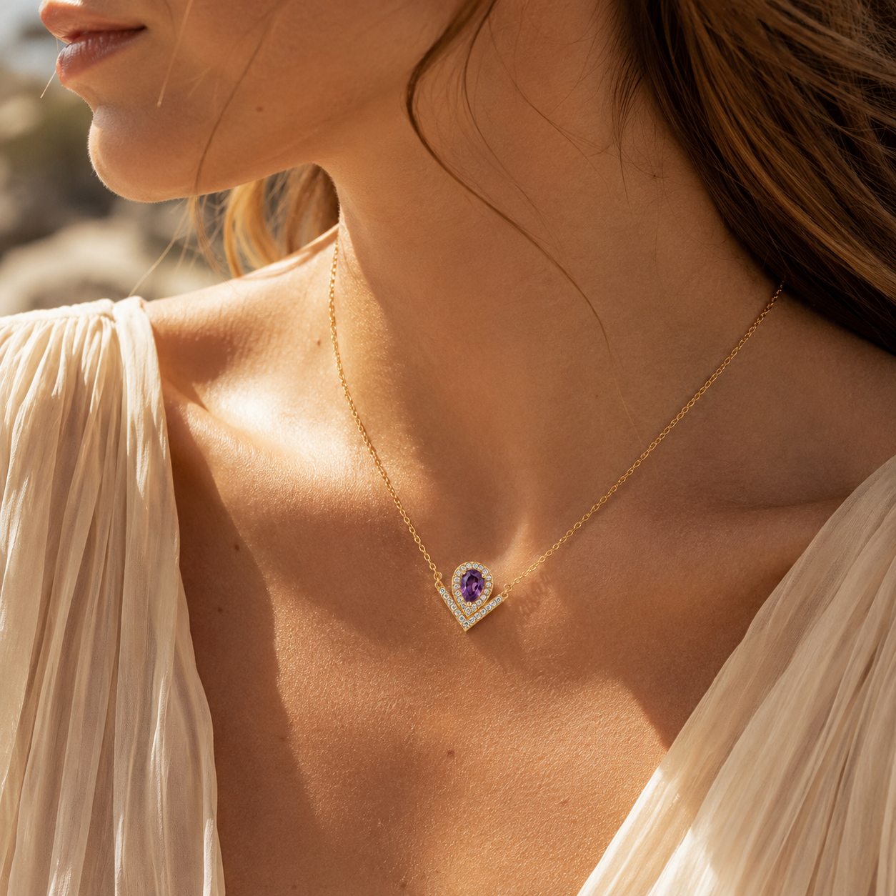 HEART OF LAND Natural Gemstone V-Shaped Heart Necklace in 18K Gold-Plated S925 Sterling Silver – Open Devotion