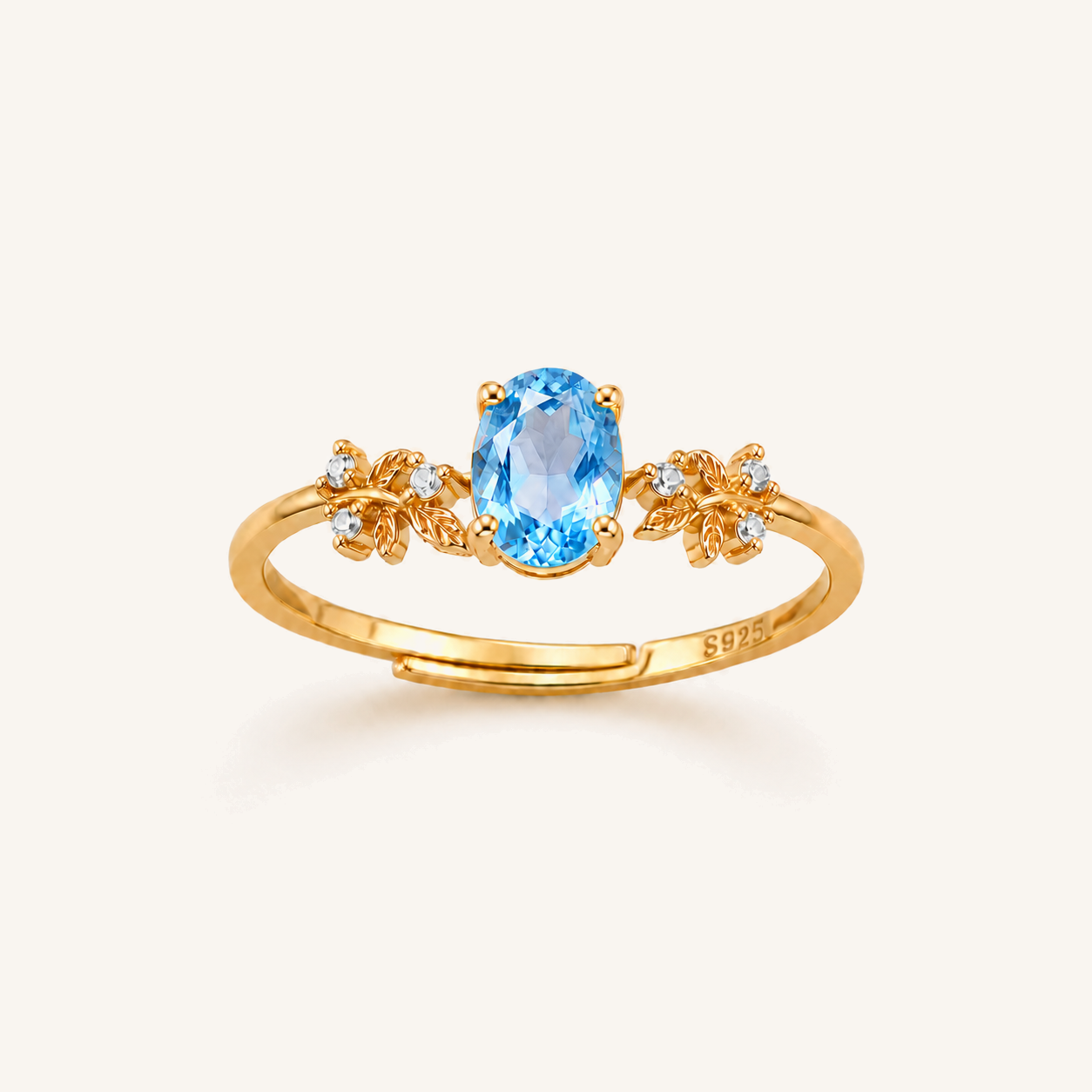 HEART OF LAND Natural Gemstone Oval Laurel Ring in 18K Gold-Plated S925 Sterling Silver – Sunlit Laurel Blue Topaz