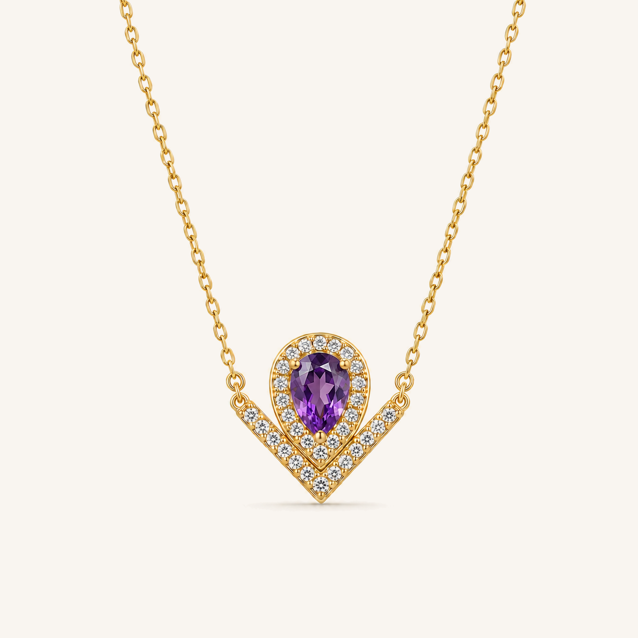HEART OF LAND Natural Gemstone V-Shaped Heart Necklace in 18K Gold-Plated S925 Sterling Silver – Open Devotion Amethyst
