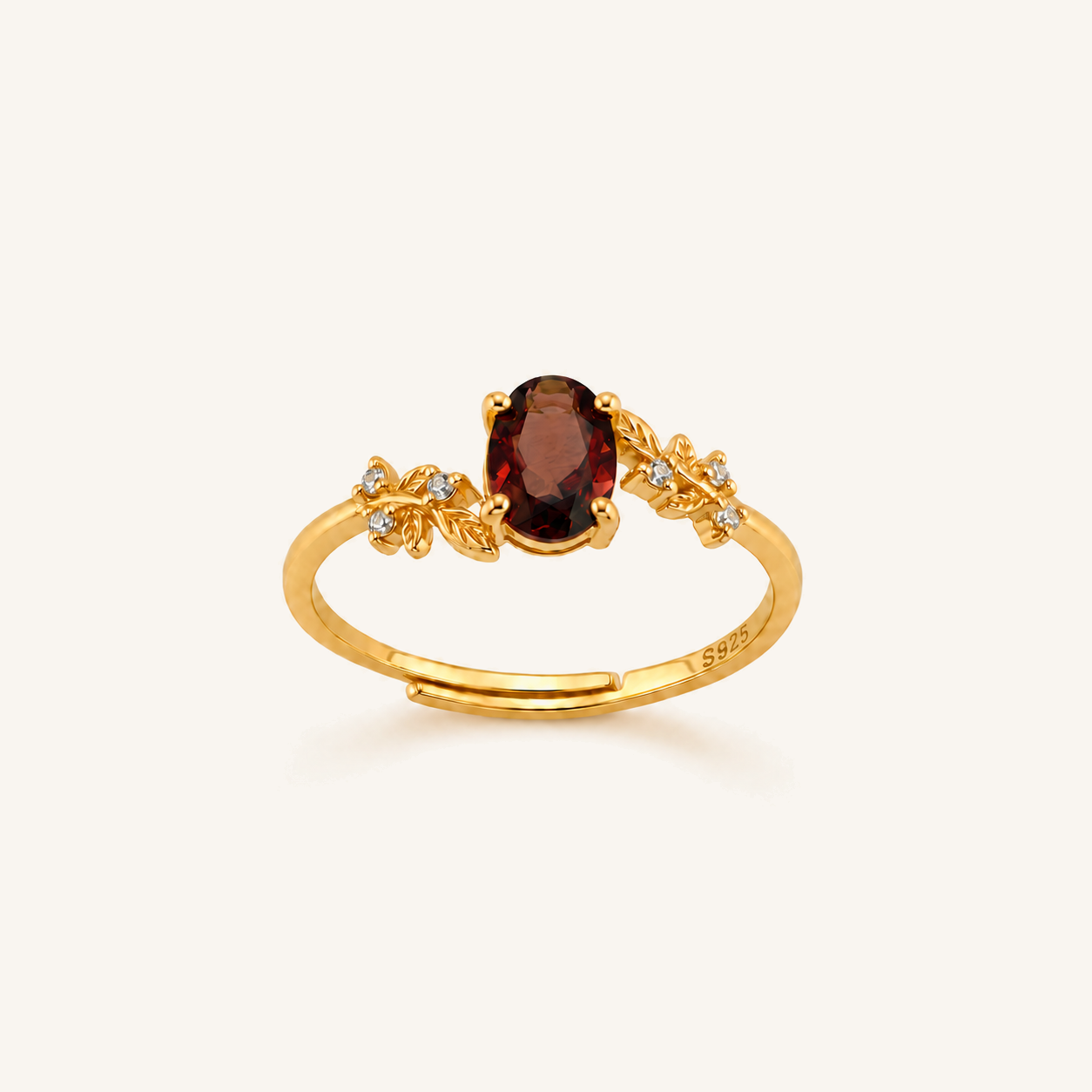 HEART OF LAND Natural Gemstone Oval Laurel Ring in 18K Gold-Plated S925 Sterling Silver – Sunlit Laurel Garnet