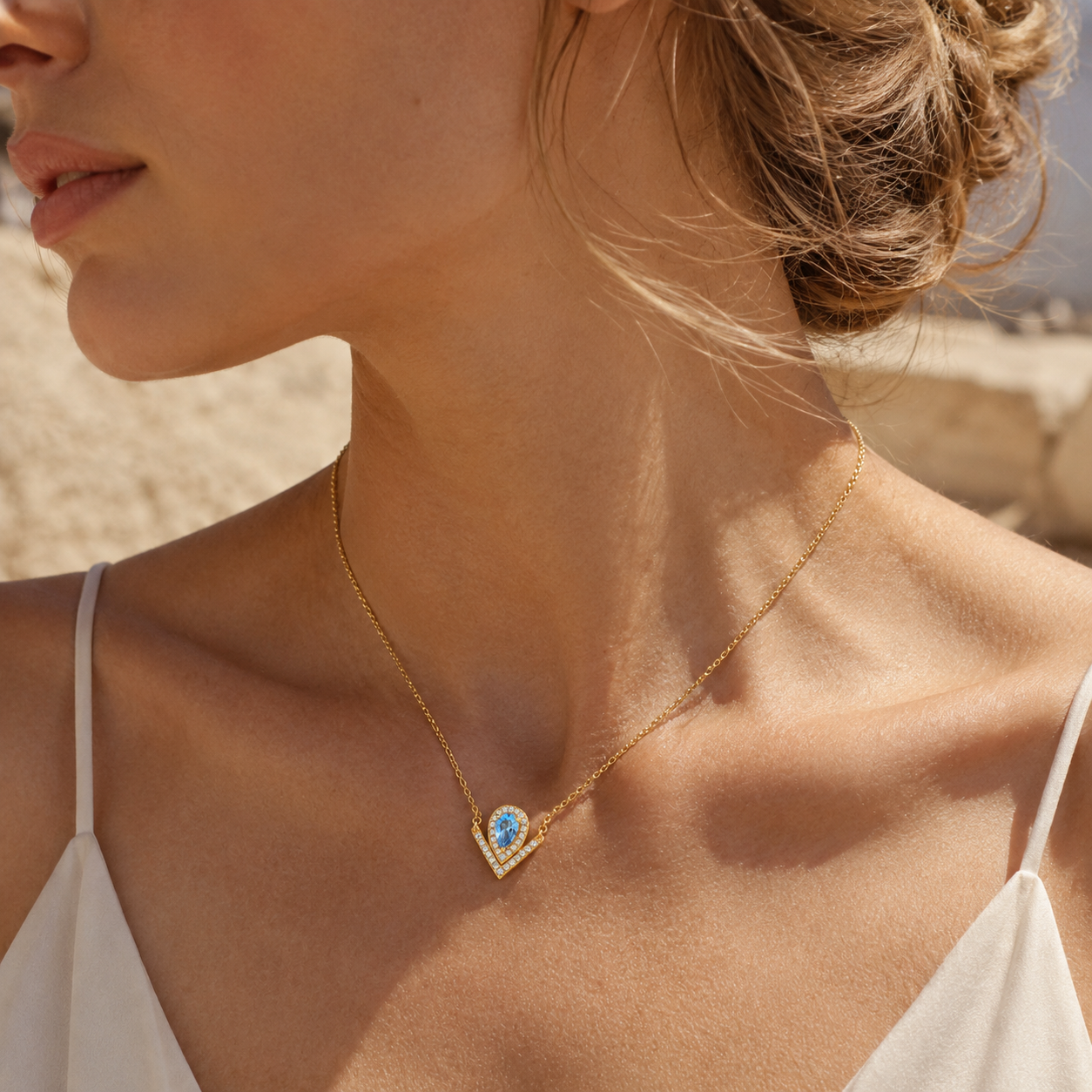 HEART OF LAND Natural Gemstone V-Shaped Heart Necklace in 18K Gold-Plated S925 Sterling Silver – Open Devotion