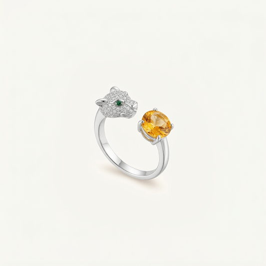 Guardian Panther Amethyst & Citrine Silver Ring