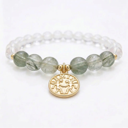 HeartofLand™ Gemini Zodiac Guardian Bracelet - Mental Clarity & Rooted Agility - Natural Green Rutilated Quartz & Citrine