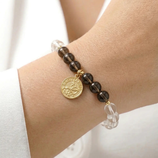 HeartofLand™ Sagittarius Zodiac Guardian Bracelet - Infinite Truth & Grounded Vision - Natural Smoky Quartz & Clear Quartz