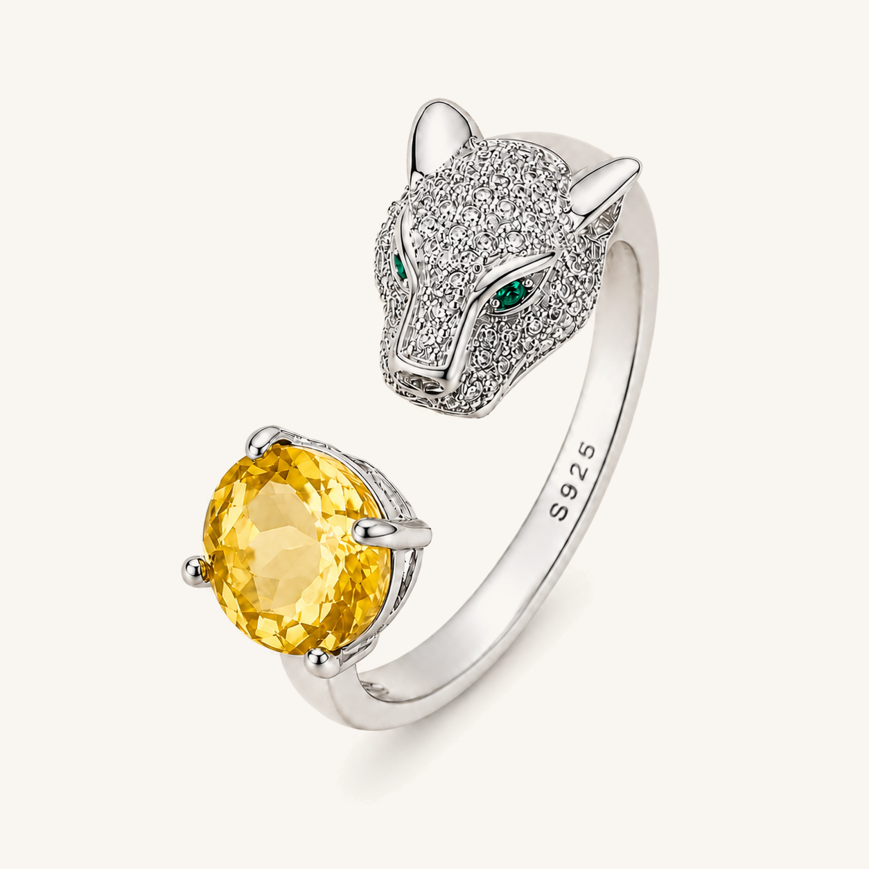 HEART OF LAND Natural Gemstone Panther Open Ring in S925 Sterling Silver – Wild Instinct Citrine