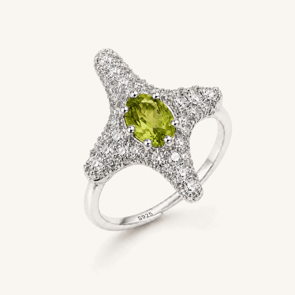 HEART OF LAND Natural Gemstone Starfish Statement Ring in S925 Sterling Silver – Tide Star Peridot