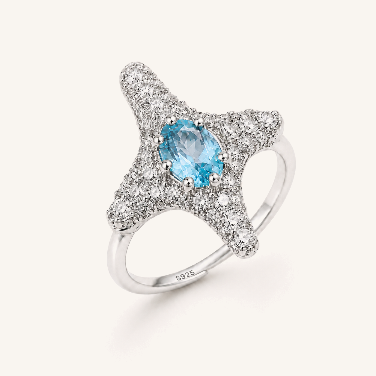 HEART OF LAND Natural Gemstone Starfish Statement Ring in S925 Sterling Silver – Tide Star Blue Topaz
