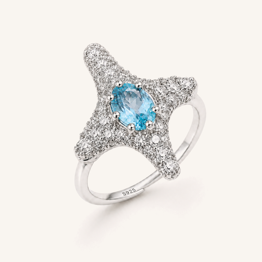 HEART OF LAND Natural Gemstone Starfish Statement Ring in S925 Sterling Silver – Tide Star Blue Topaz