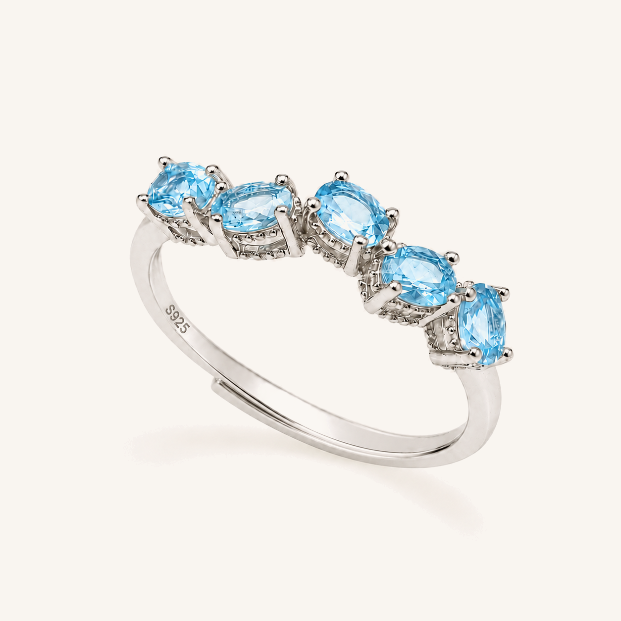 HEART OF LAND Natural Gemstone Five-Stone Birthstone Band Ring in S925 Sterling Silver – Fivefold Light Blue Topaz