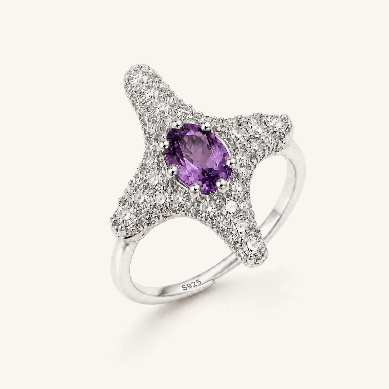 HEART OF LAND Natural Gemstone Starfish Statement Ring in S925 Sterling Silver – Tide Star Amethyst