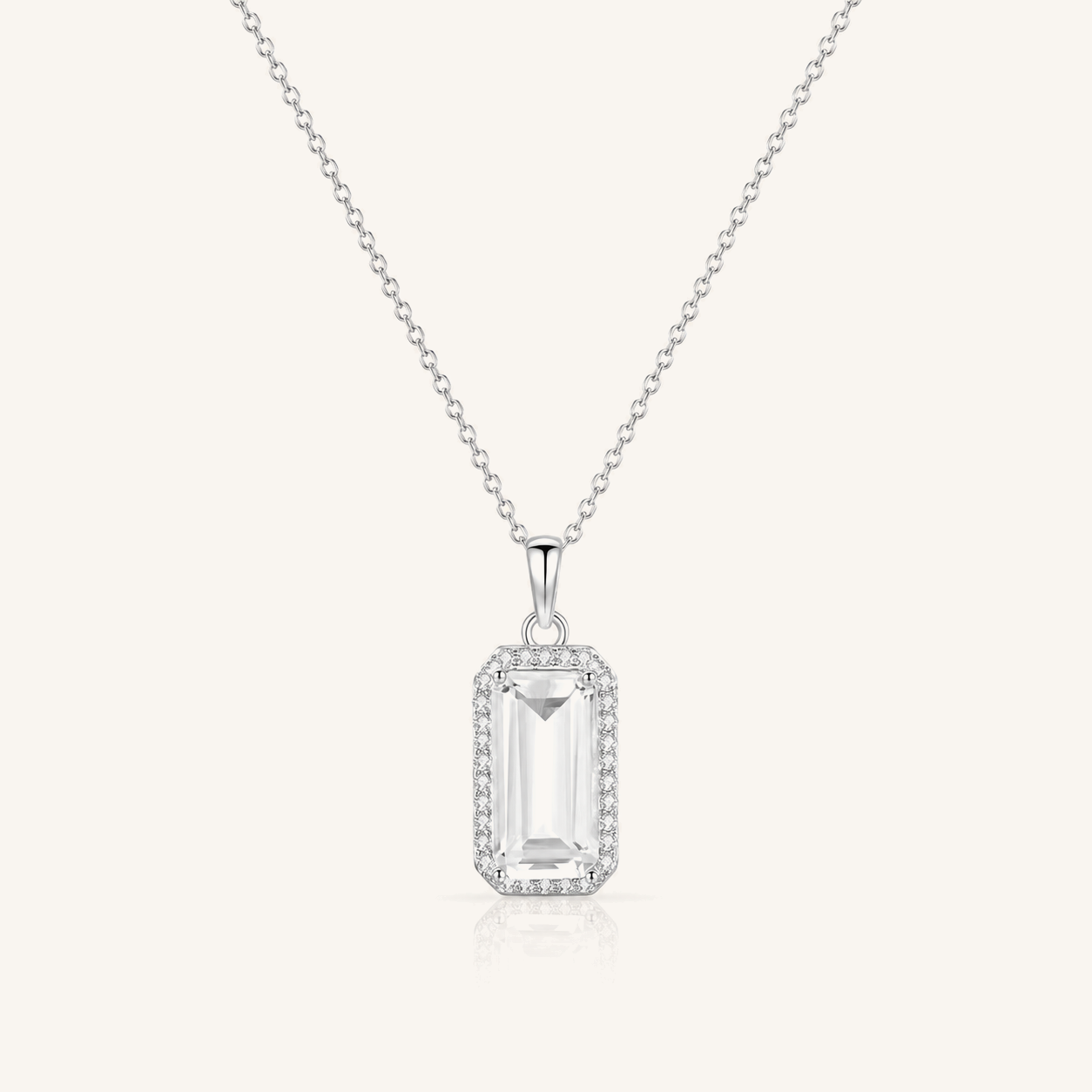 HEART OF LAND Natural Emerald-Cut Gemstone Halo Necklace in S925 Sterling Silver – Still Light Clear Quartz