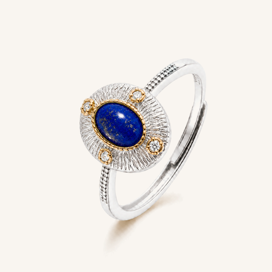 HEART OF LAND Natural Gemstone Sunburst Cabochon Ring in S925 Sterling Silver with Gold-Tone Details – Solar Compass Lapis Lazuli