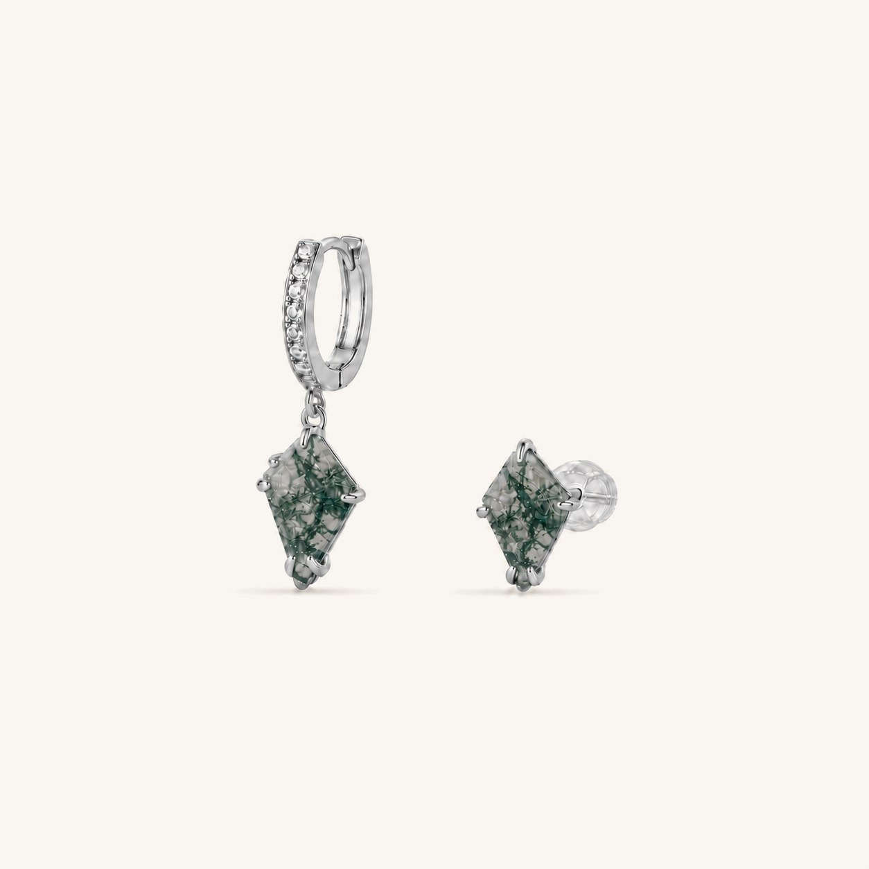 HEART OF LAND Natural Moss Agate Mismatched Earrings in S925 Sterling Silver – Verdant Path S925 Sterling Silver