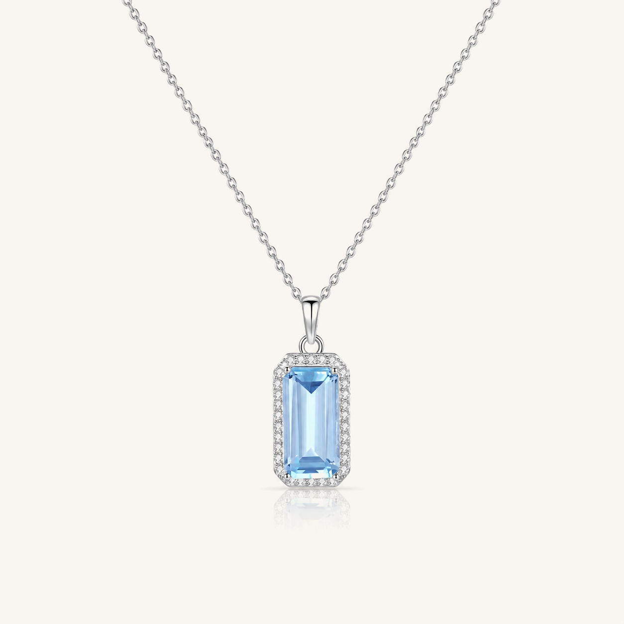 HEART OF LAND Natural Emerald-Cut Gemstone Halo Necklace in S925 Sterling Silver – Still Light Blue Topaz