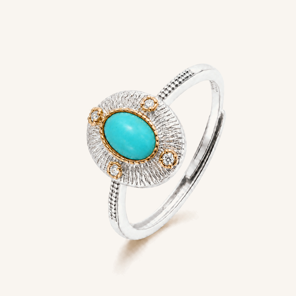HEART OF LAND Natural Gemstone Sunburst Cabochon Ring in S925 Sterling Silver with Gold-Tone Details – Solar Compass Turquoise
