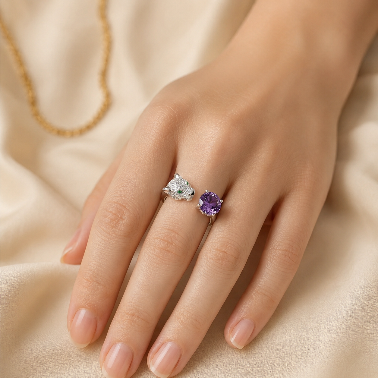 HEART OF LAND Natural Gemstone Panther Open Ring in S925 Sterling Silver – Wild Instinct