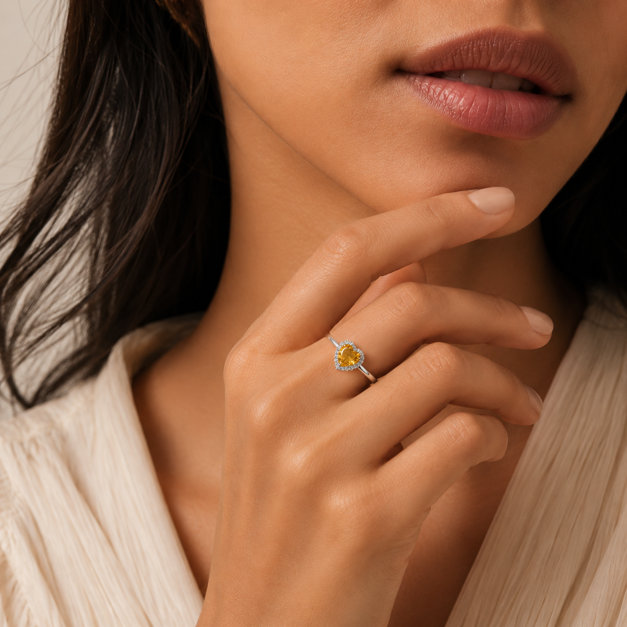 HEART OF LAND Natural Gemstone Heart Halo Ring in S925 Sterling Silver – Held Close