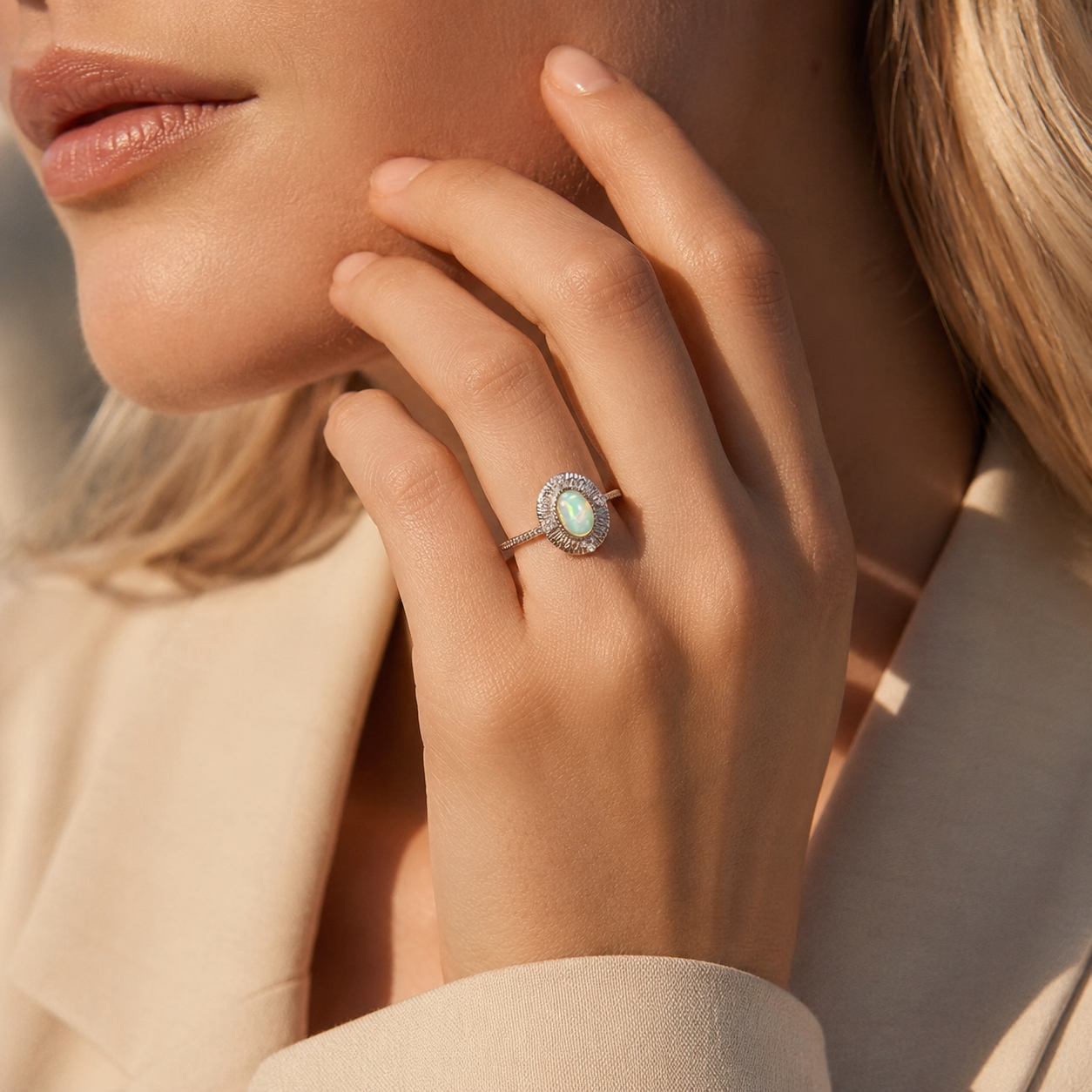 HEART OF LAND Natural Gemstone Sunburst Cabochon Ring in S925 Sterling Silver with Gold-Tone Details – Solar Compass